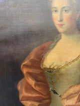 Grand Tableau Ancien Huile Portrait Femme Élégante Fleurs XVIIIe